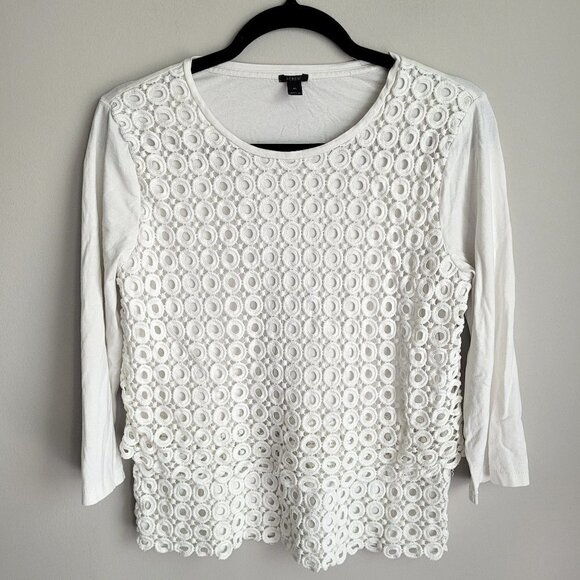 J. Crew Off White Cotton Layered Eyelet Lace Crochet Scoop Neck 3/4 Sleeves Top - Picture 1 of 6